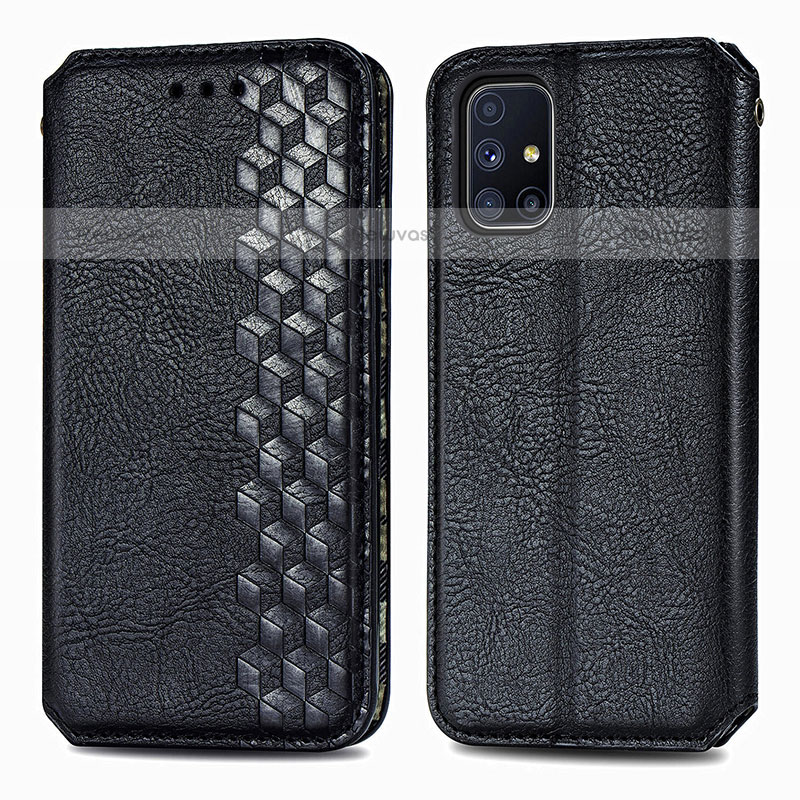 Leather Case Stands Flip Cover Holder S01D for Samsung Galaxy M51 Black