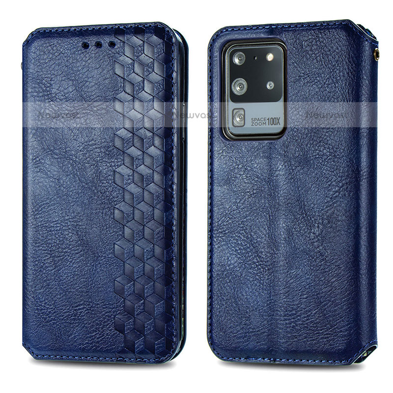 Leather Case Stands Flip Cover Holder S01D for Samsung Galaxy S20 Ultra 5G Blue