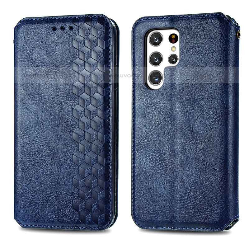 Leather Case Stands Flip Cover Holder S01D for Samsung Galaxy S21 Ultra 5G Blue