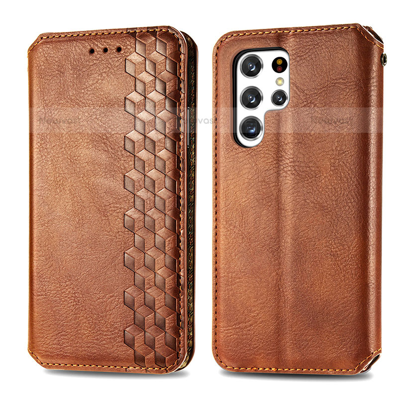 Leather Case Stands Flip Cover Holder S01D for Samsung Galaxy S21 Ultra 5G Brown