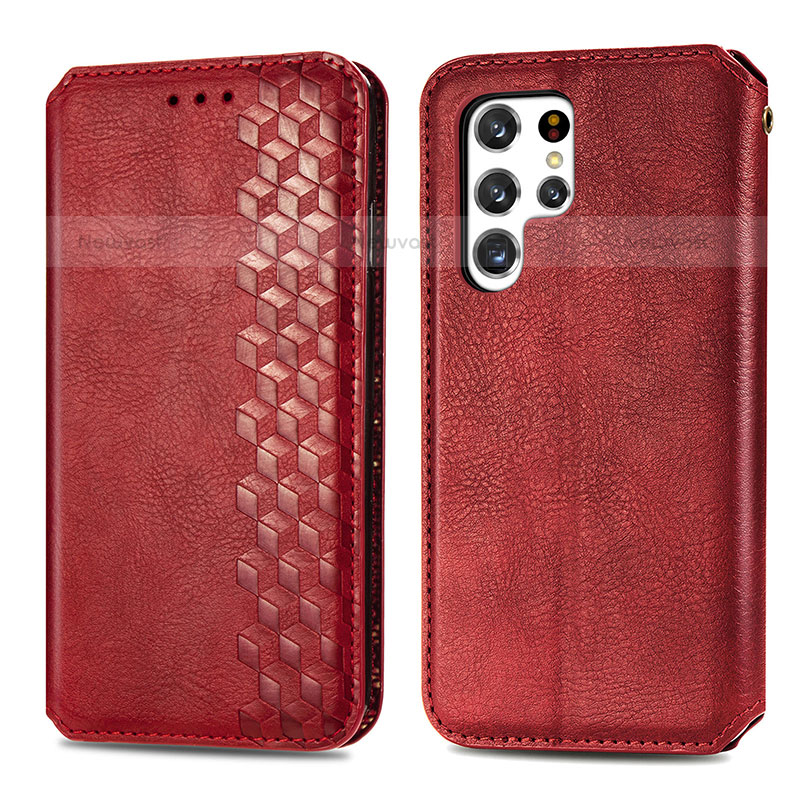 Leather Case Stands Flip Cover Holder S01D for Samsung Galaxy S22 Ultra 5G Red