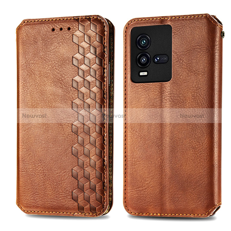 Leather Case Stands Flip Cover Holder S01D for Vivo iQOO 10 5G Brown