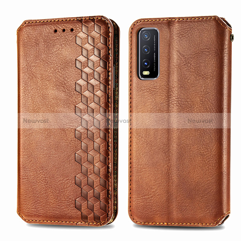 Leather Case Stands Flip Cover Holder S01D for Vivo Y12s Brown