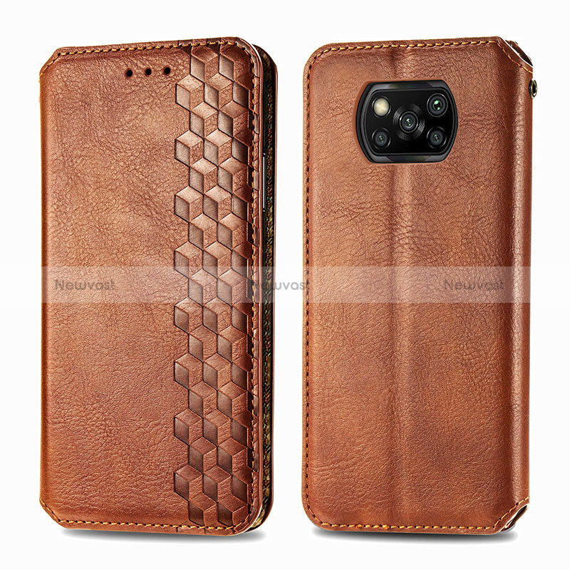 Leather Case Stands Flip Cover Holder S01D for Xiaomi Poco X3 NFC Brown