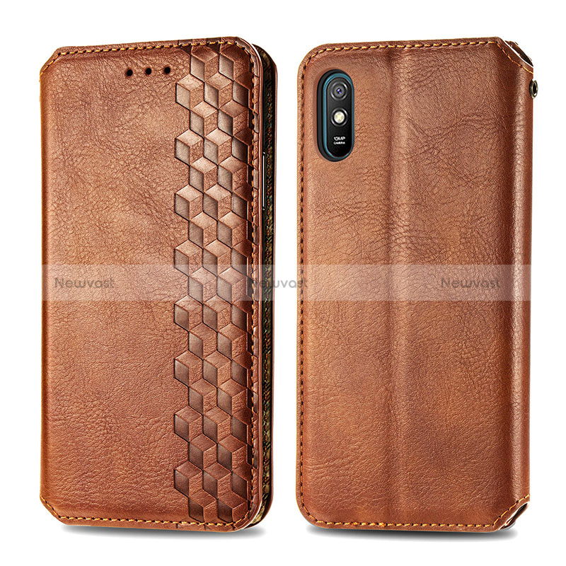 Leather Case Stands Flip Cover Holder S01D for Xiaomi Redmi 9AT Brown