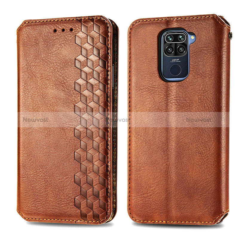 Leather Case Stands Flip Cover Holder S01D for Xiaomi Redmi Note 9 Brown