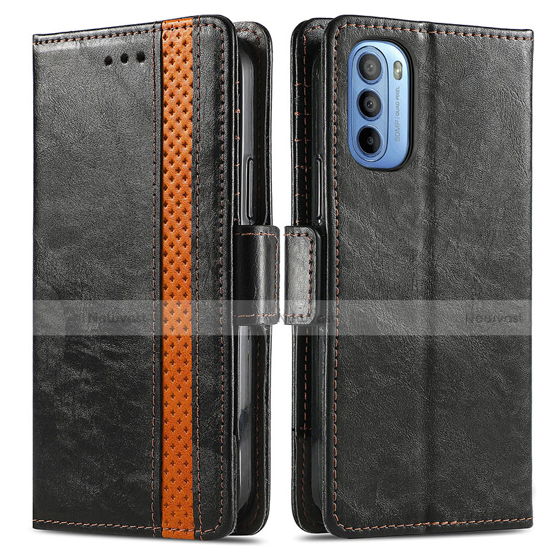 Leather Case Stands Flip Cover Holder S02D for Motorola Moto G41 Black