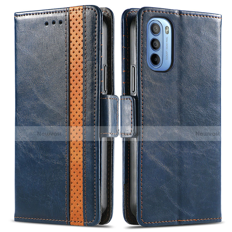 Leather Case Stands Flip Cover Holder S02D for Motorola Moto G41 Blue