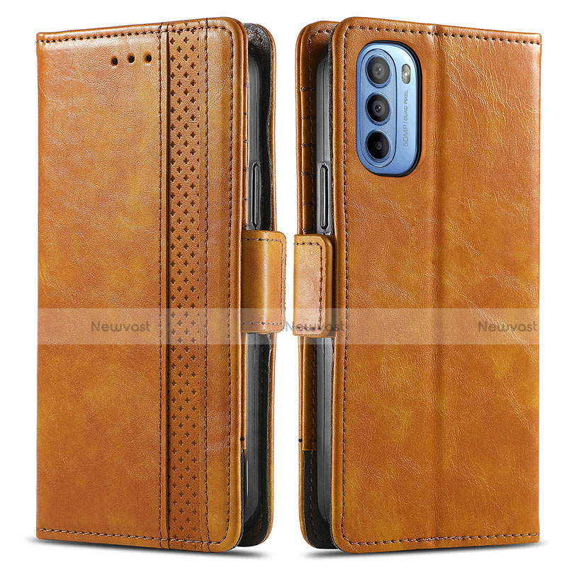 Leather Case Stands Flip Cover Holder S02D for Motorola Moto G41 Light Brown