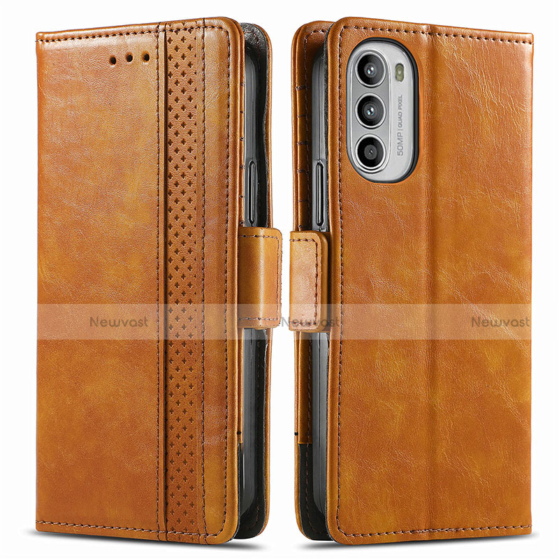 Leather Case Stands Flip Cover Holder S02D for Motorola MOTO G52 Light Brown