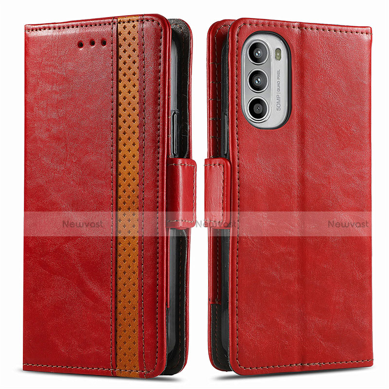 Leather Case Stands Flip Cover Holder S02D for Motorola MOTO G52 Red