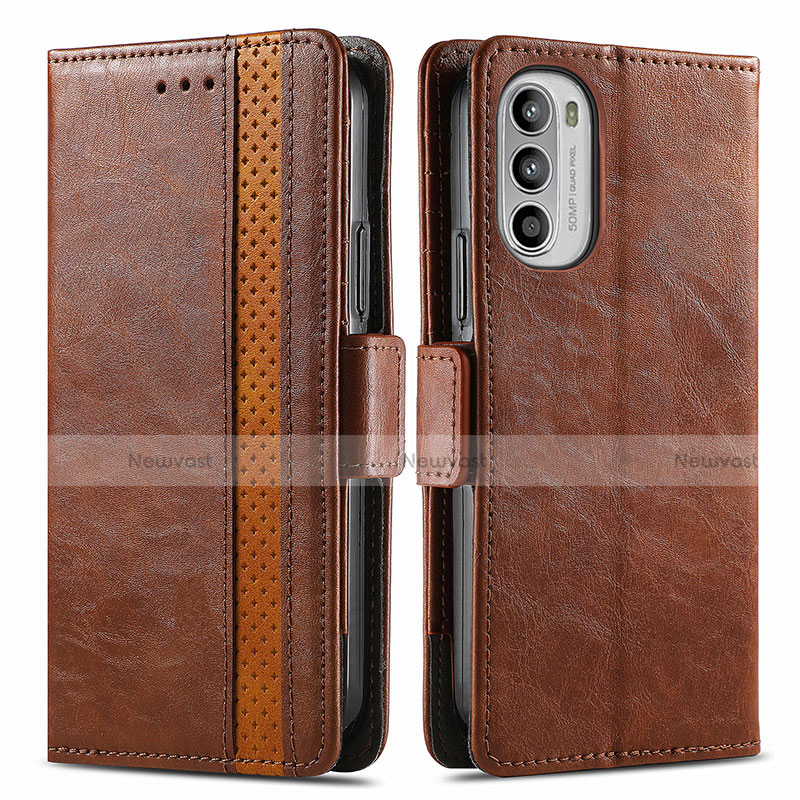 Leather Case Stands Flip Cover Holder S02D for Motorola Moto G52j 5G Brown