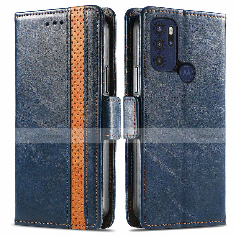 Leather Case Stands Flip Cover Holder S02D for Motorola Moto G60s Blue