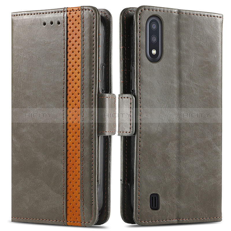 Leather Case Stands Flip Cover Holder S02D for Samsung Galaxy A01 SM-A015 Gray