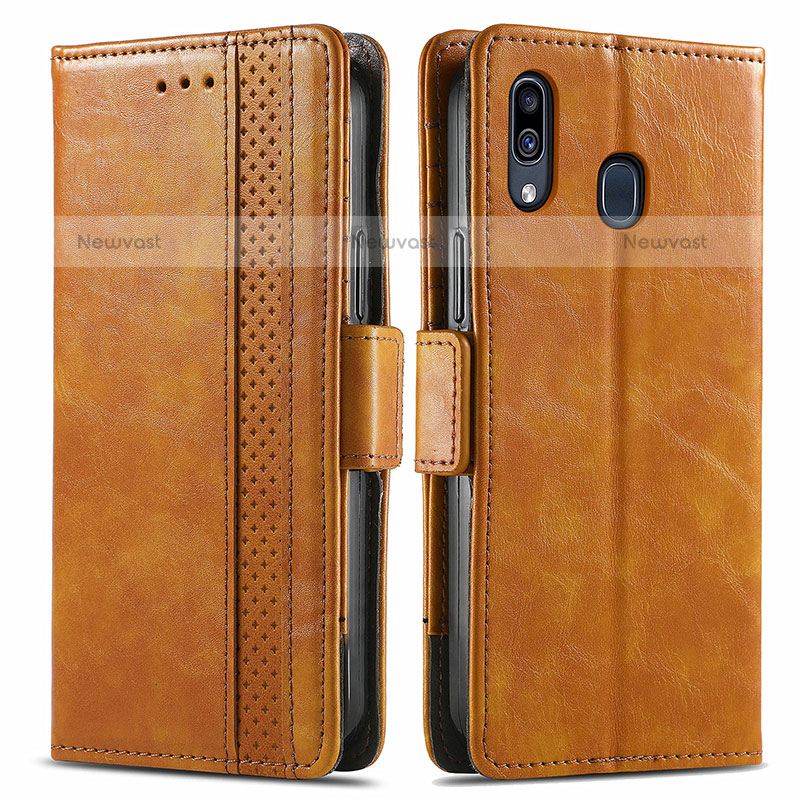 Leather Case Stands Flip Cover Holder S02D for Samsung Galaxy A20 Light Brown