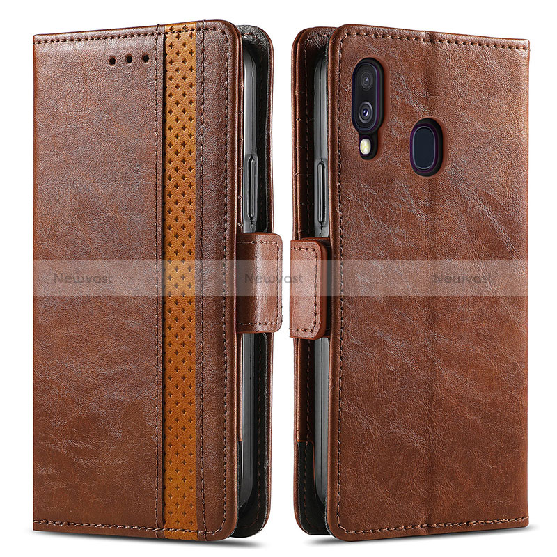 Leather Case Stands Flip Cover Holder S02D for Samsung Galaxy A40 Brown