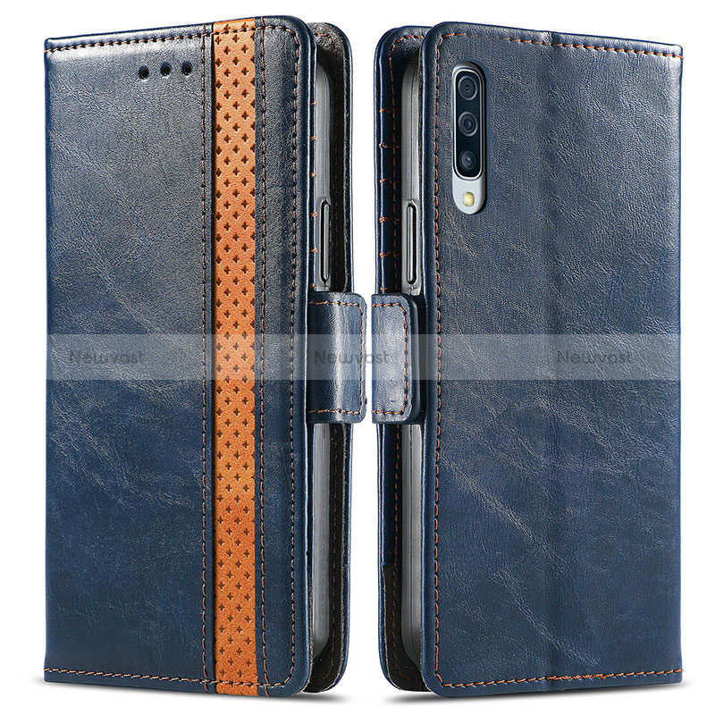 Leather Case Stands Flip Cover Holder S02D for Samsung Galaxy A50 Blue