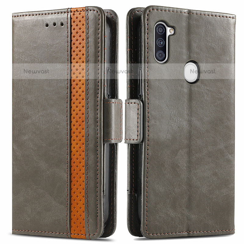 Leather Case Stands Flip Cover Holder S02D for Samsung Galaxy M11 Gray