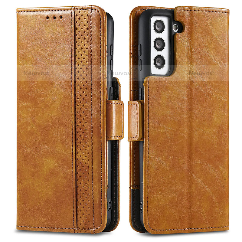 Leather Case Stands Flip Cover Holder S02D for Samsung Galaxy S21 FE 5G Light Brown