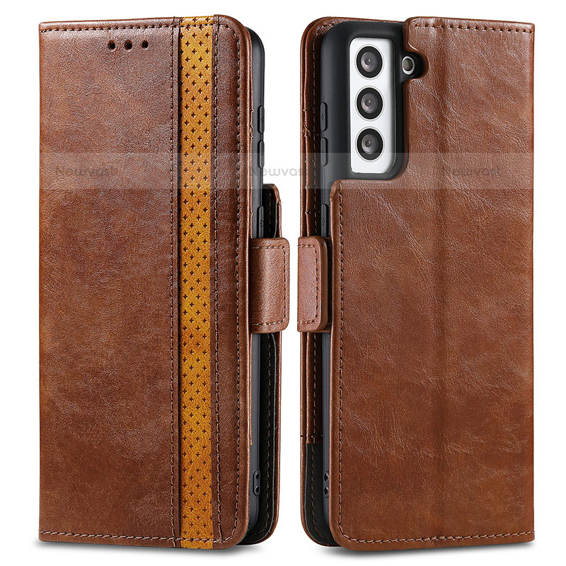 Leather Case Stands Flip Cover Holder S02D for Samsung Galaxy S21 Plus 5G Brown