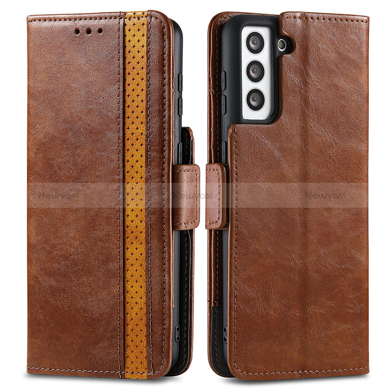 Leather Case Stands Flip Cover Holder S02D for Samsung Galaxy S22 Plus 5G Brown