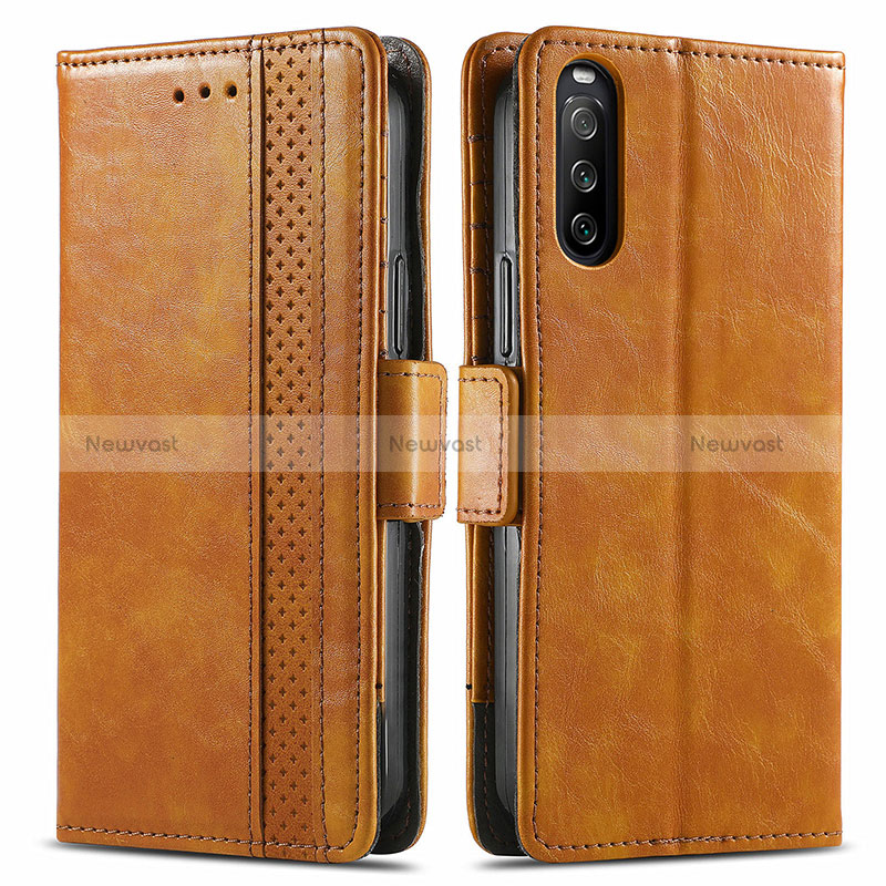Leather Case Stands Flip Cover Holder S02D for Sony Xperia 10 III Light Brown
