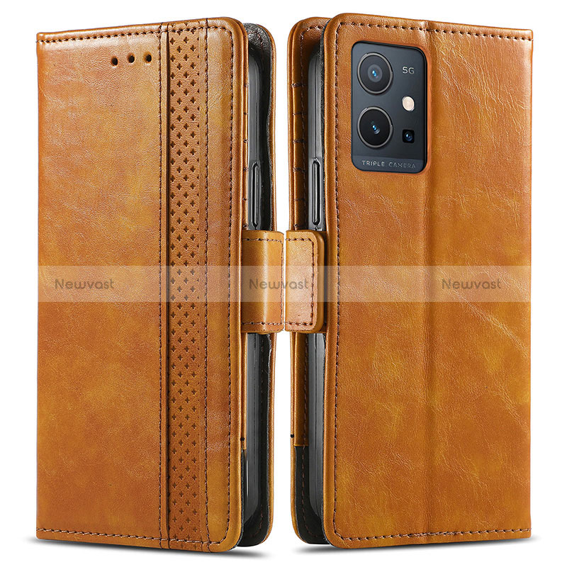 Leather Case Stands Flip Cover Holder S02D for Vivo iQOO Z6 5G Light Brown