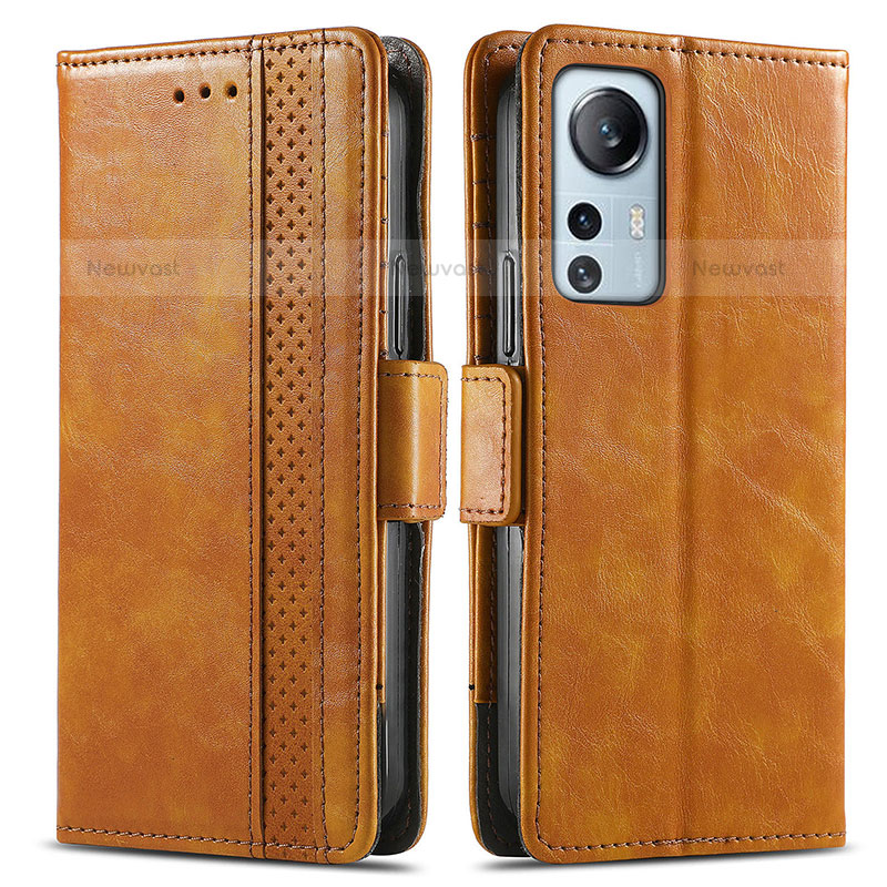 Leather Case Stands Flip Cover Holder S02D for Xiaomi Mi 12 Pro 5G Light Brown
