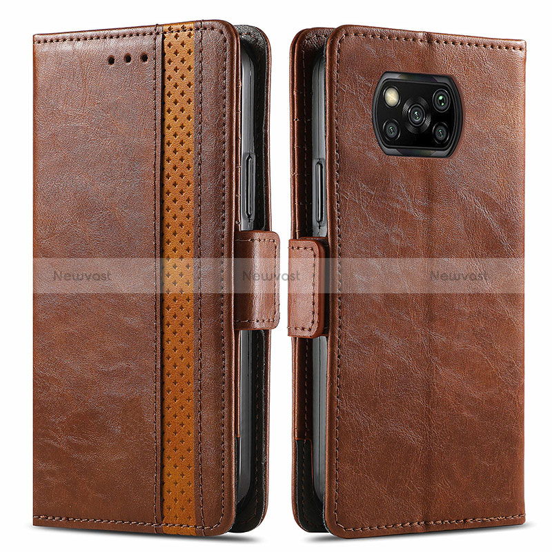 Leather Case Stands Flip Cover Holder S02D for Xiaomi Poco X3 NFC Brown