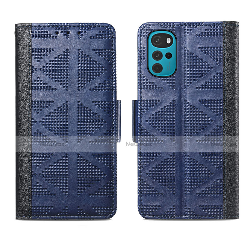 Leather Case Stands Flip Cover Holder S03D for Motorola Moto G22 Blue