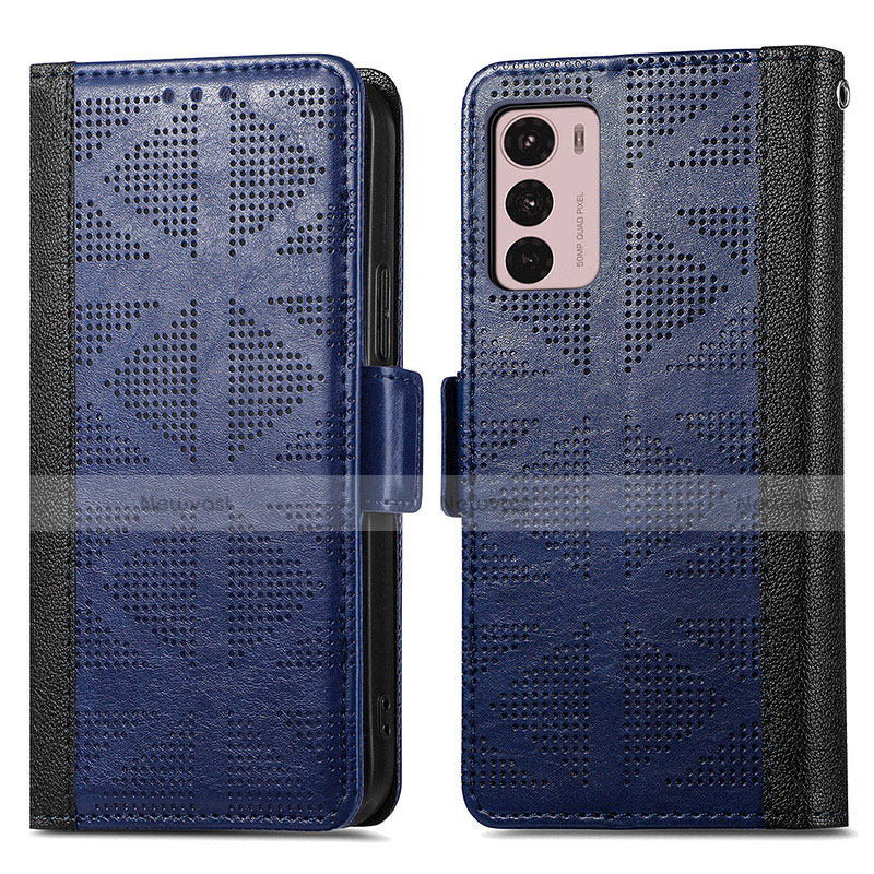 Leather Case Stands Flip Cover Holder S03D for Motorola Moto G42 Blue