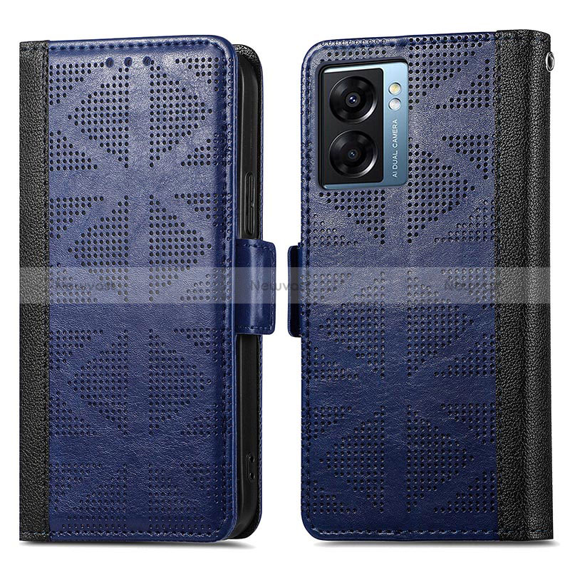 Leather Case Stands Flip Cover Holder S03D for Oppo A56S 5G Blue