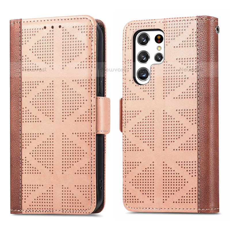 Leather Case Stands Flip Cover Holder S03D for Samsung Galaxy S23 Ultra 5G Light Brown