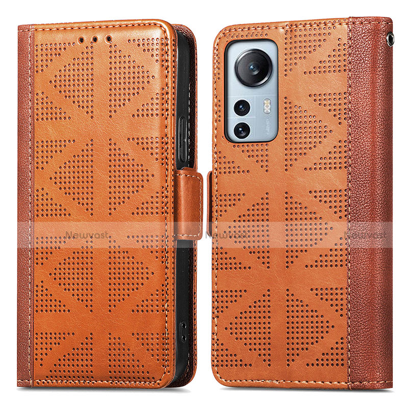 Leather Case Stands Flip Cover Holder S03D for Xiaomi Mi 12 5G Brown