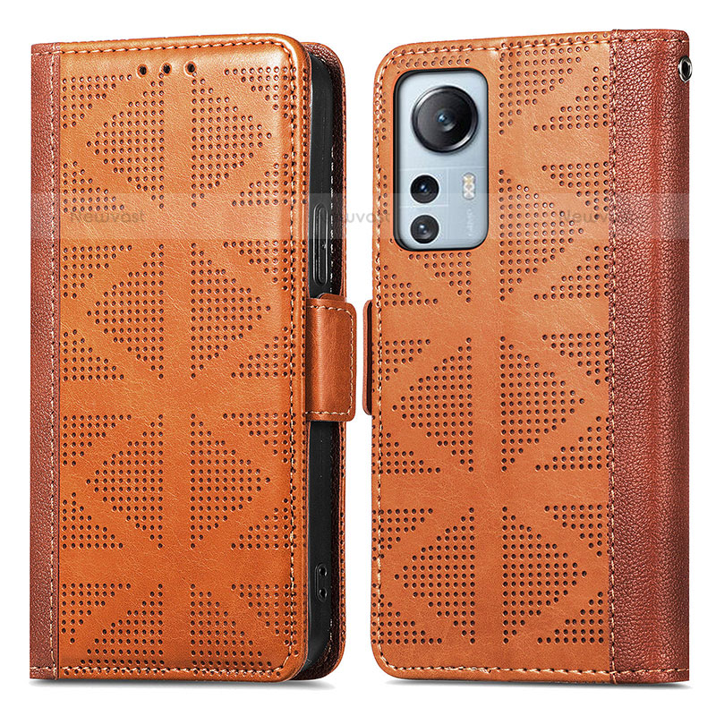 Leather Case Stands Flip Cover Holder S03D for Xiaomi Mi 12 Pro 5G Brown