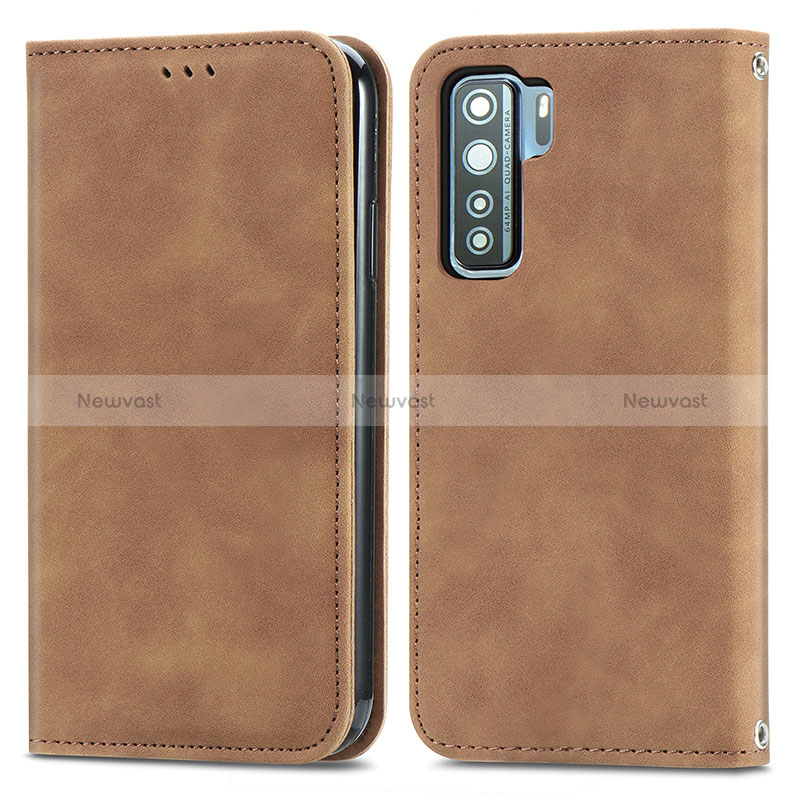 Leather Case Stands Flip Cover Holder S04D for Huawei Nova 7 SE 5G Brown