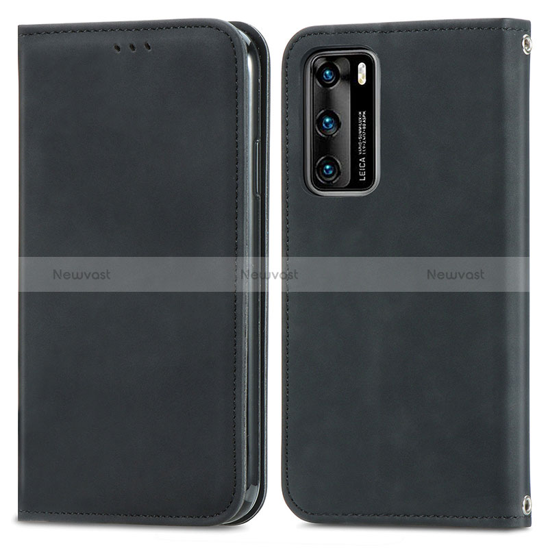 Leather Case Stands Flip Cover Holder S04D for Huawei P40 Black
