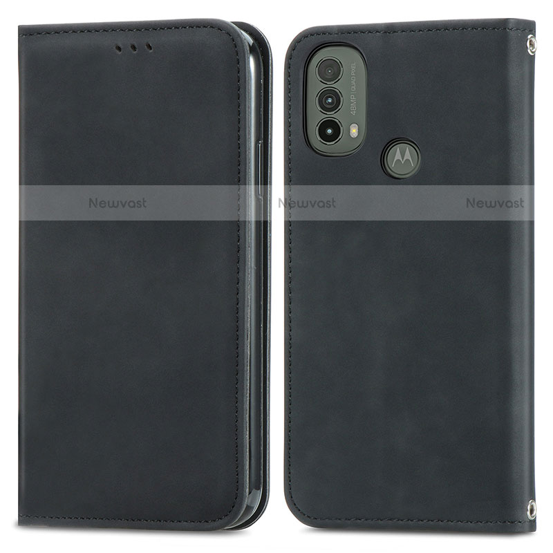 Leather Case Stands Flip Cover Holder S04D for Motorola Moto E20 Black