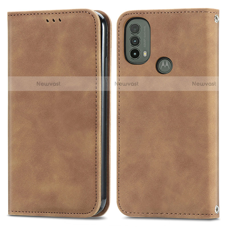 Leather Case Stands Flip Cover Holder S04D for Motorola Moto E30 Brown