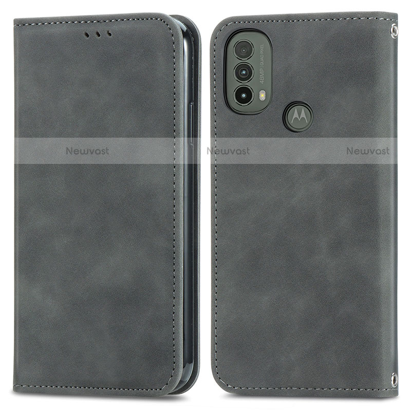 Leather Case Stands Flip Cover Holder S04D for Motorola Moto E30 Gray