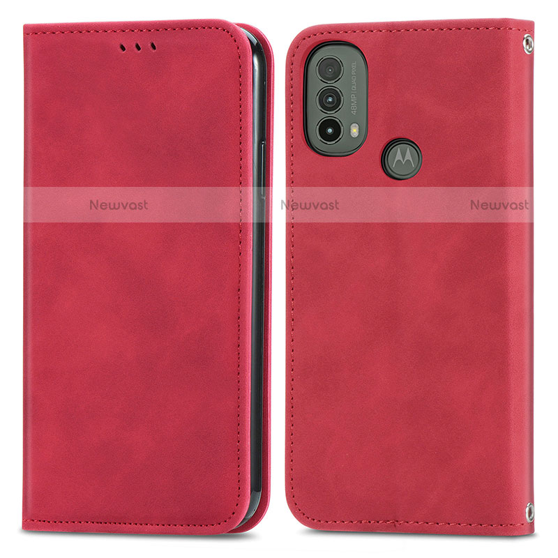 Leather Case Stands Flip Cover Holder S04D for Motorola Moto E30 Red