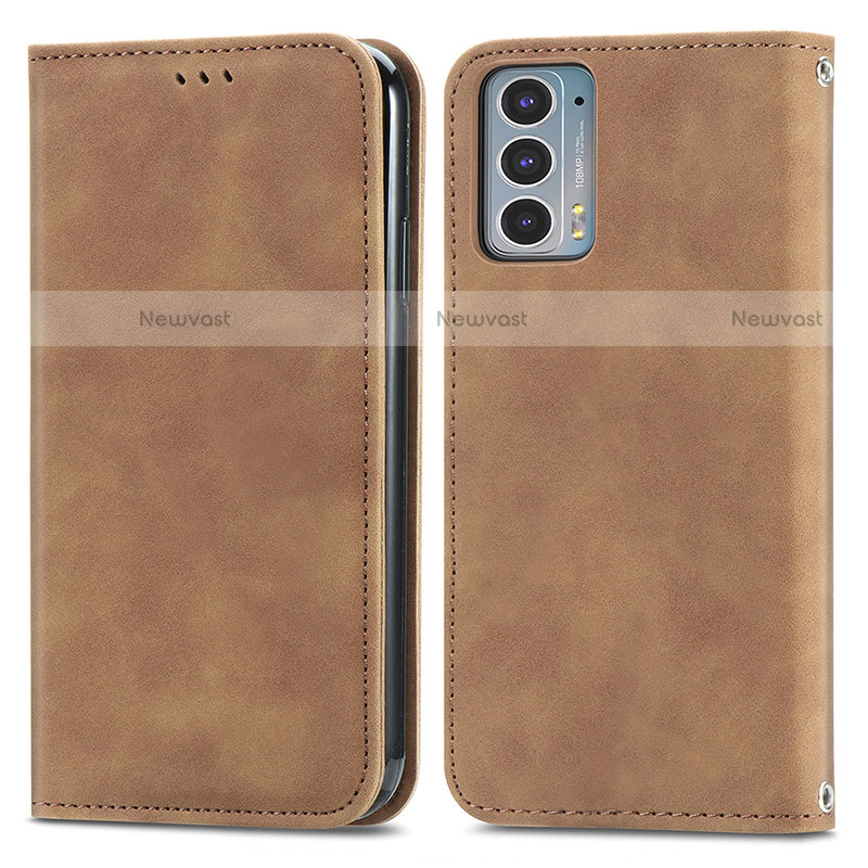Leather Case Stands Flip Cover Holder S04D for Motorola Moto Edge Lite 5G Brown
