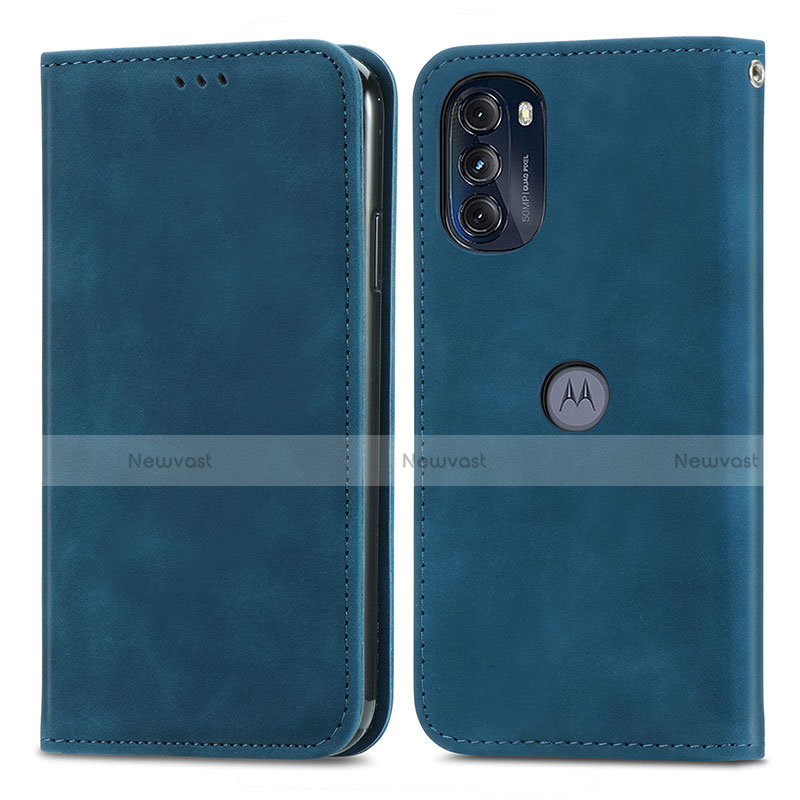 Leather Case Stands Flip Cover Holder S04D for Motorola Moto G 5G (2022) Blue
