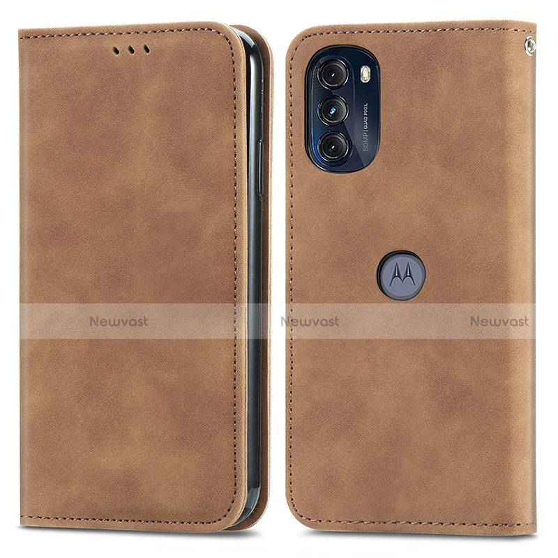 Leather Case Stands Flip Cover Holder S04D for Motorola Moto G 5G (2022) Brown