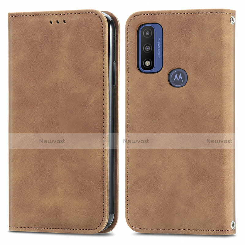 Leather Case Stands Flip Cover Holder S04D for Motorola Moto G Pure Brown