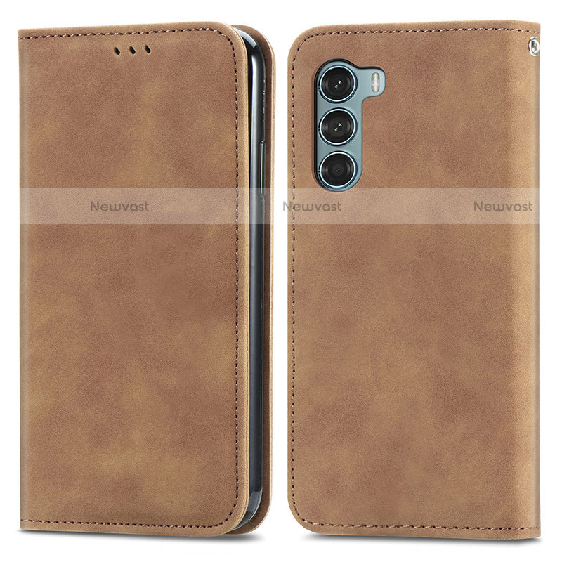 Leather Case Stands Flip Cover Holder S04D for Motorola Moto G200 5G Brown