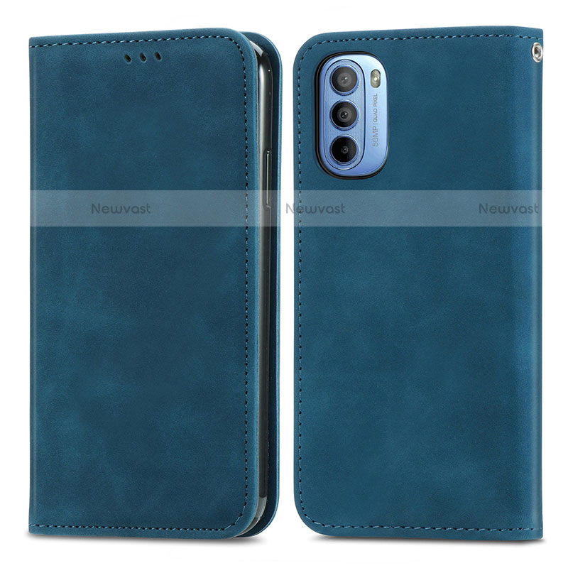 Leather Case Stands Flip Cover Holder S04D for Motorola Moto G31 Blue