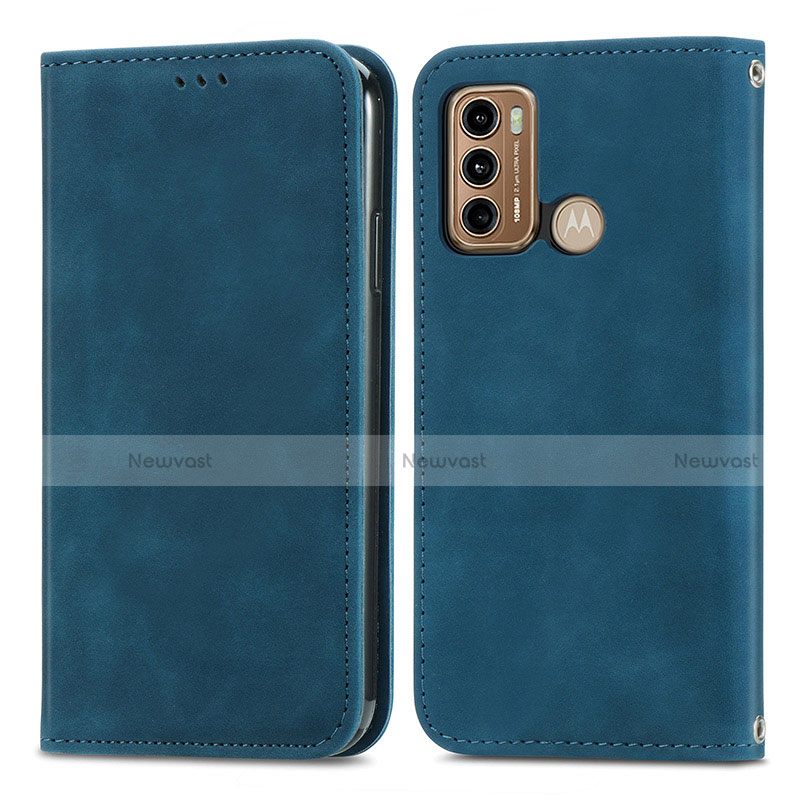 Leather Case Stands Flip Cover Holder S04D for Motorola Moto G60 Blue