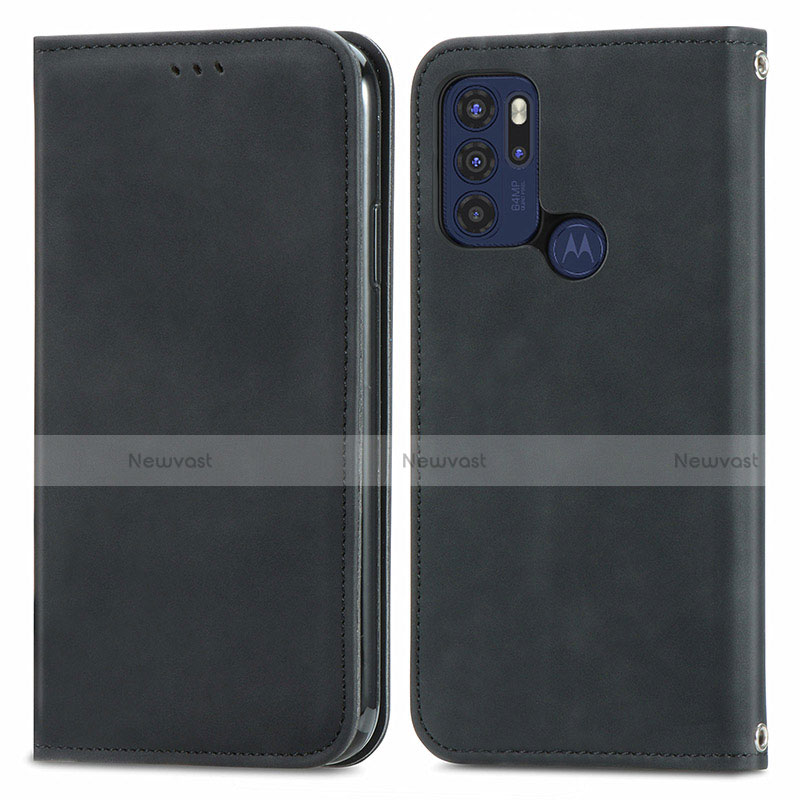 Leather Case Stands Flip Cover Holder S04D for Motorola Moto G60s Black