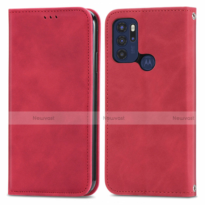 Leather Case Stands Flip Cover Holder S04D for Motorola Moto G60s Red